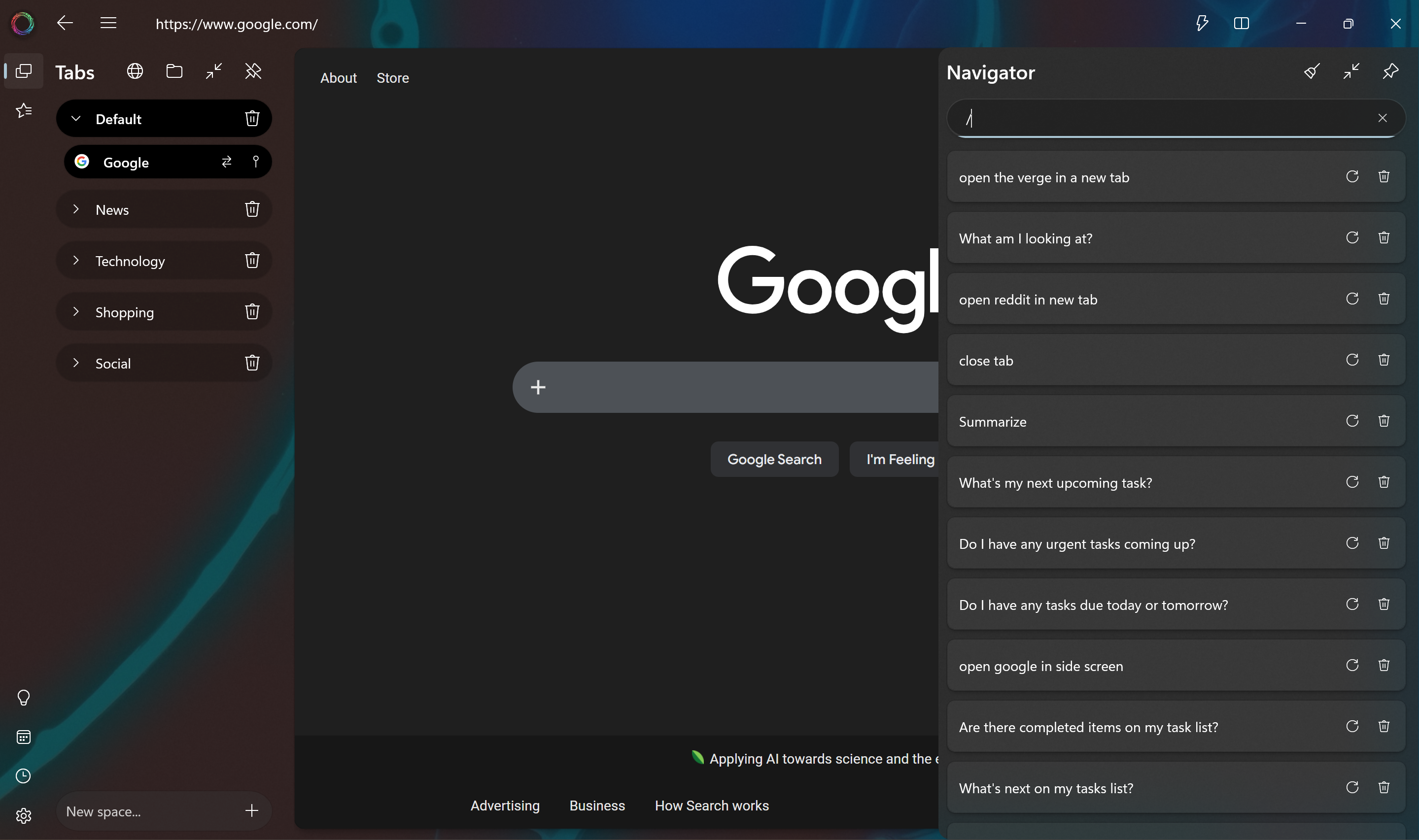 Pan Browser AI Navigator panel