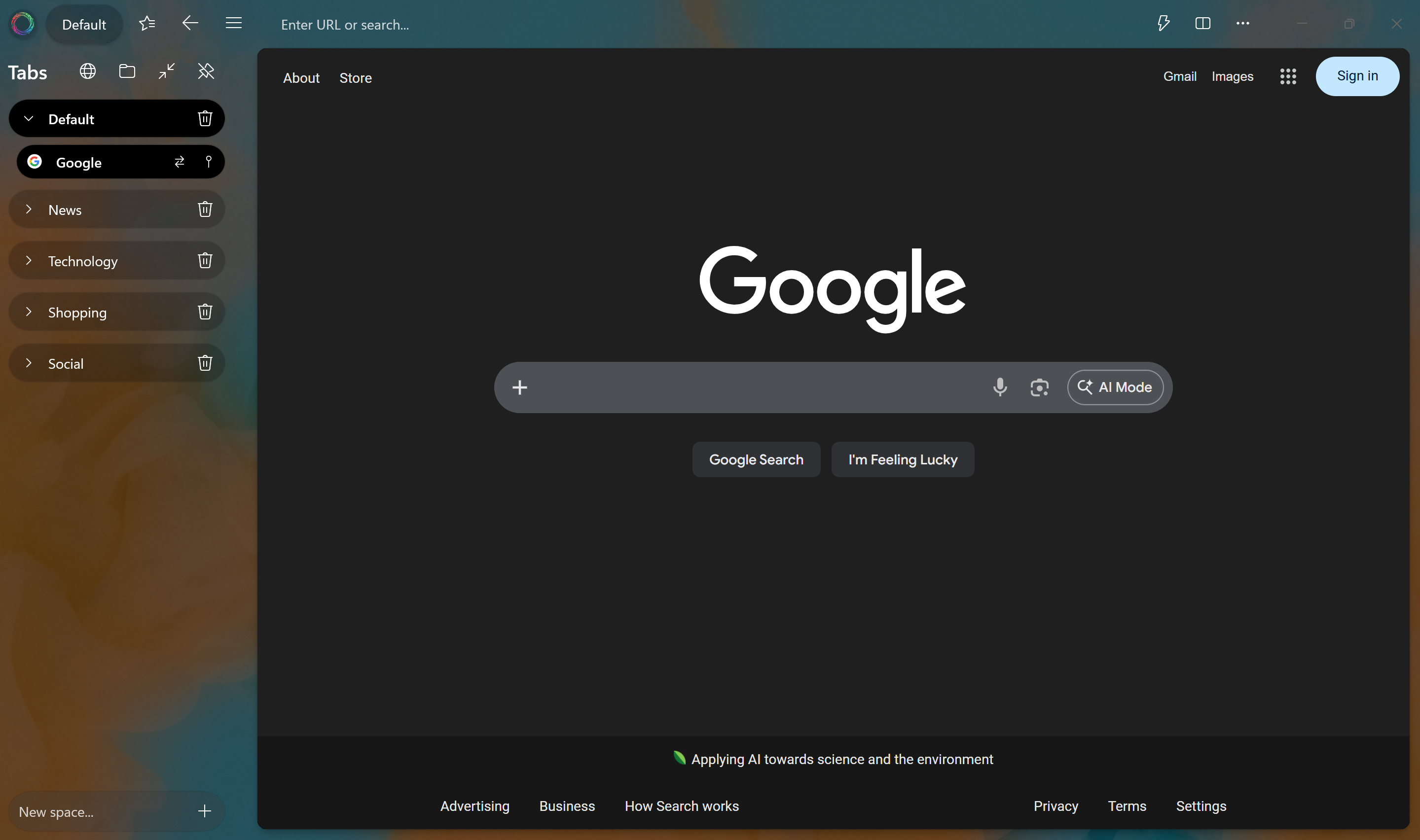 Pan Browser — Spaces and vertical tab layout