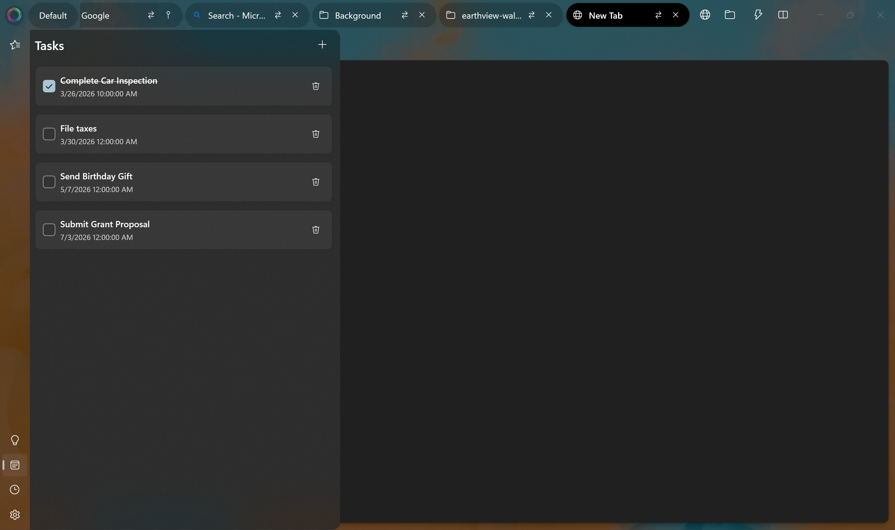 Pan Browser Tasks panel